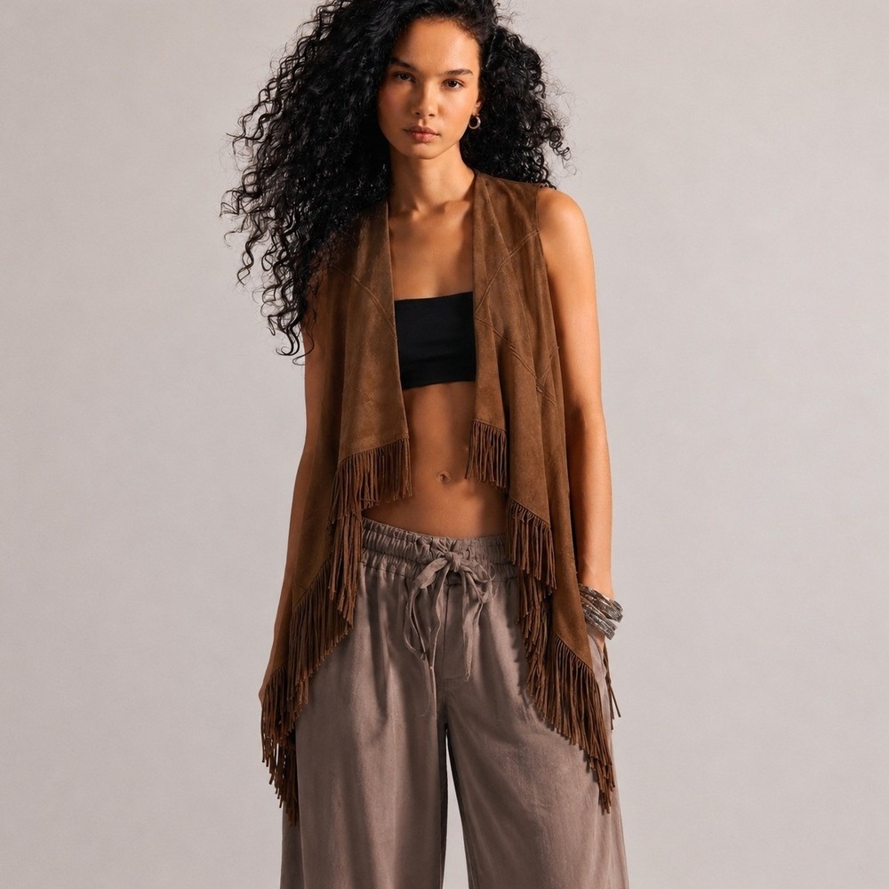 Boho Brown Fringe Western Vest Womens S Faux Suede Cowgirl HIppie Festival Chic